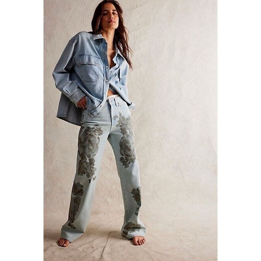 New Free People X We The Free Tinsley Baggy High-Rise Printed Jeans Size 32.